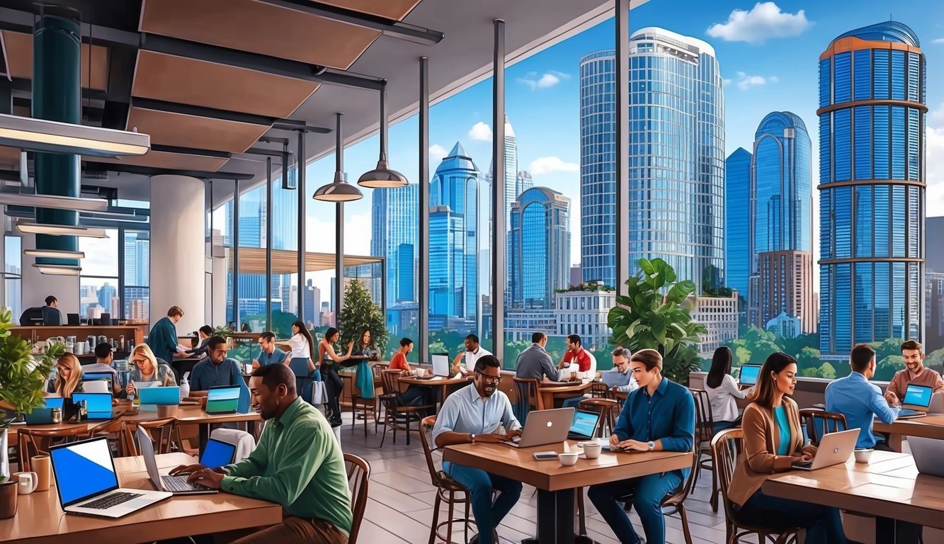 People working on laptops in a modern office with city views