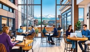 People working on laptops in a cafe with a mountain view