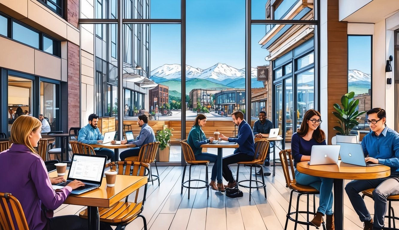 People working on laptops in a cafe with a mountain view
