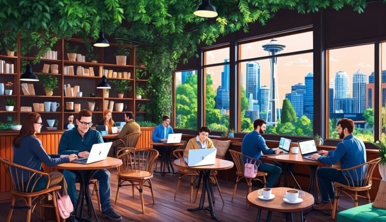 People working on laptops in a cafe with a city view
