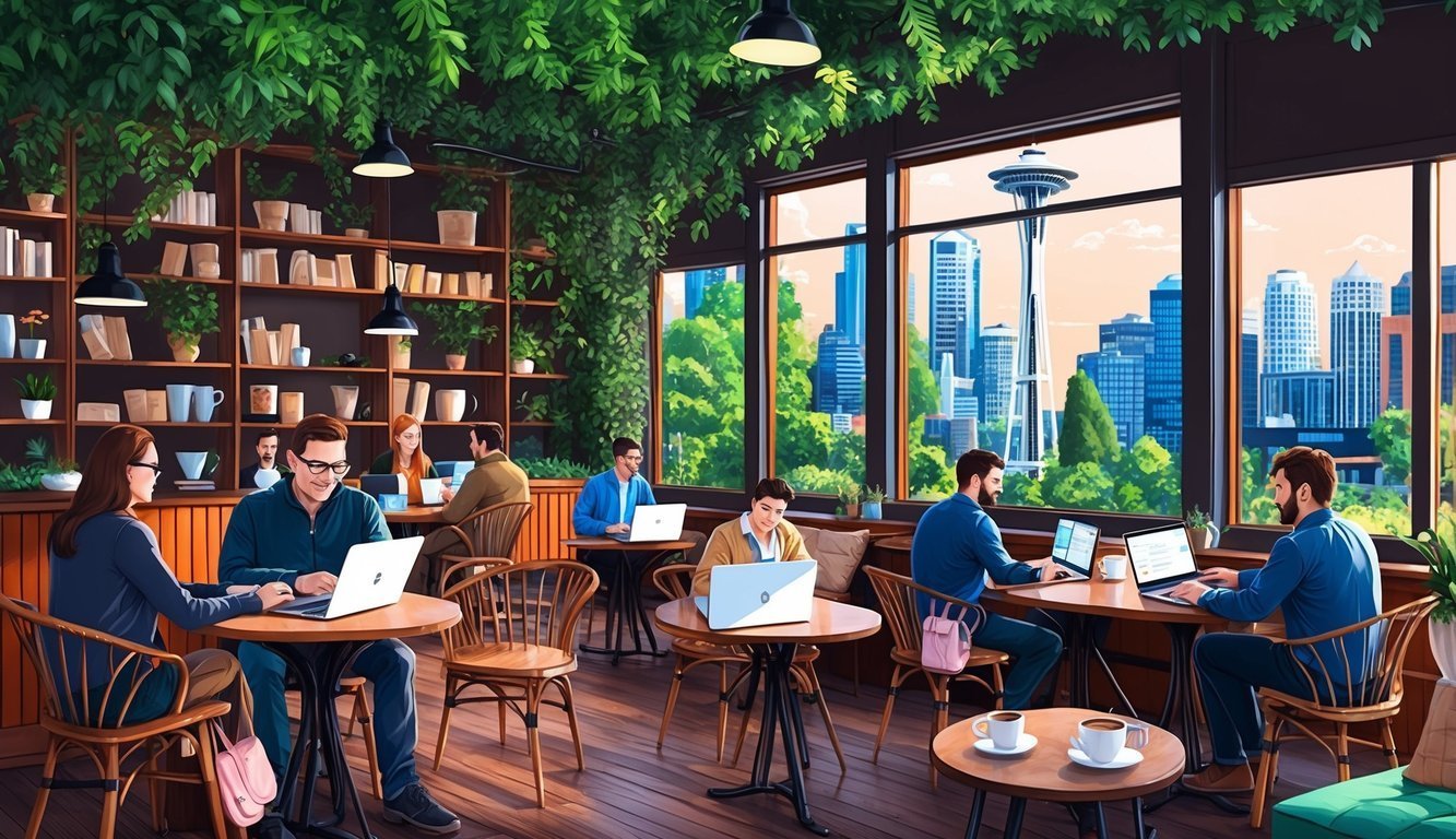 People working on laptops in a cafe with a city view