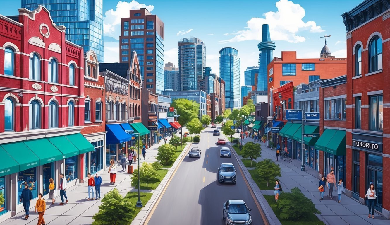 City street with shops, cars, and people, tall buildings in the background