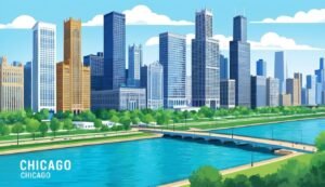 Chicago skyline with skyscrapers, river, bridge, and green park