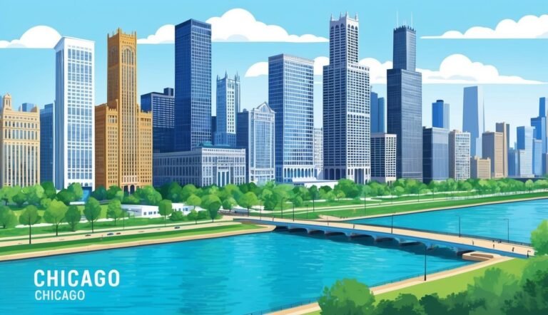 Chicago skyline with skyscrapers, river, bridge, and green park