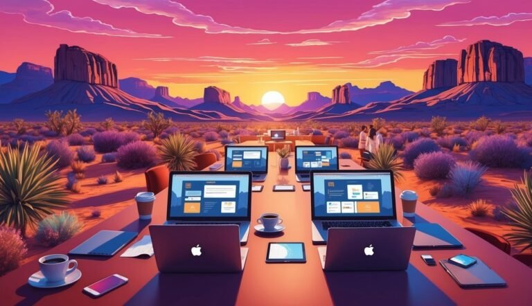 Desks with laptops and coffee in a desert landscape at sunset