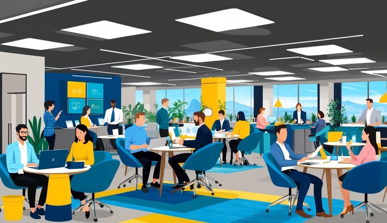 Modern office space with people working on laptops at tables