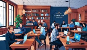 People working on laptops in a coffee shop, Edmonton Coffee Shop sign