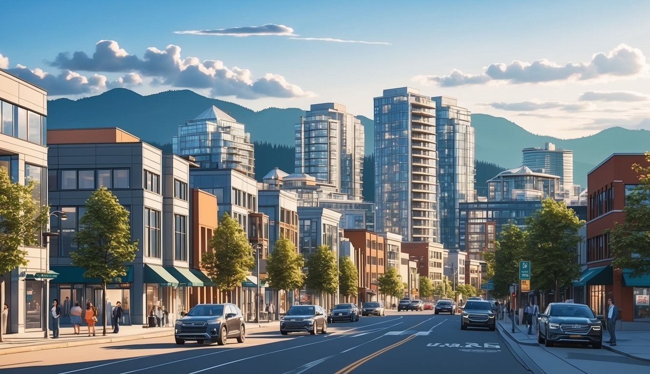 City street with modern buildings, cars, and mountains in the background