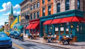 Street scene with cafes, people, cars, and a church in Montreal
