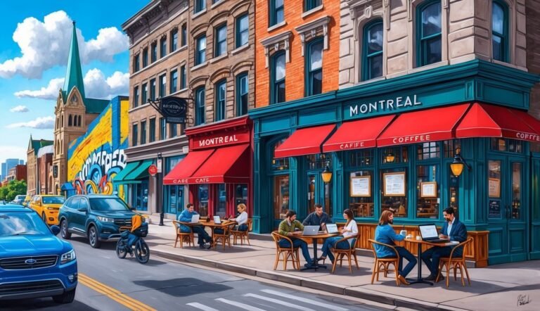 Street scene with cafes, people, cars, and a church in Montreal