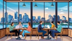 People working on laptops at tables with a city skyline view