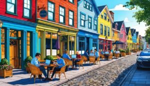 Colorful street with people working on laptops at outdoor cafes