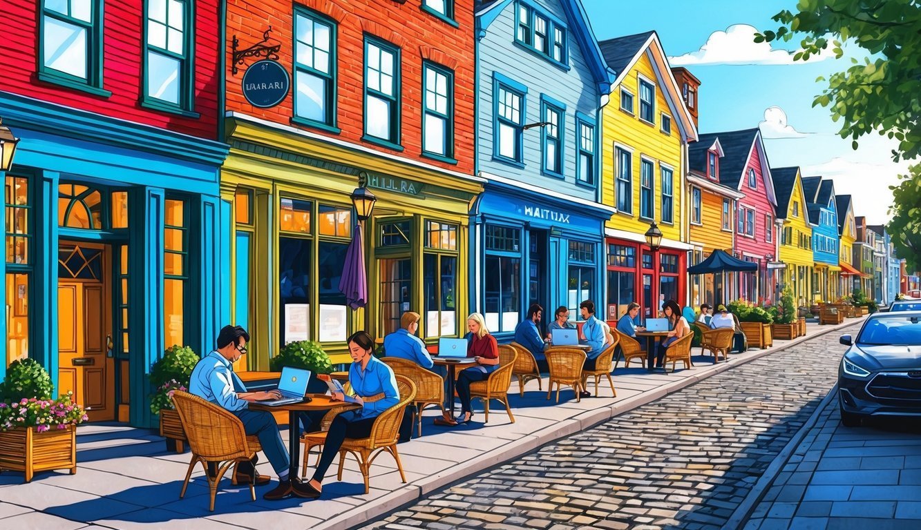 Colorful street with people working on laptops at outdoor cafes